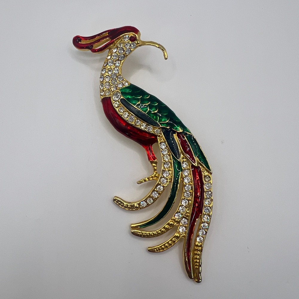 Vintage Phoenix Bird Brooch Gold Tone Red Green Enamel Rhinestone Long Tail Pin